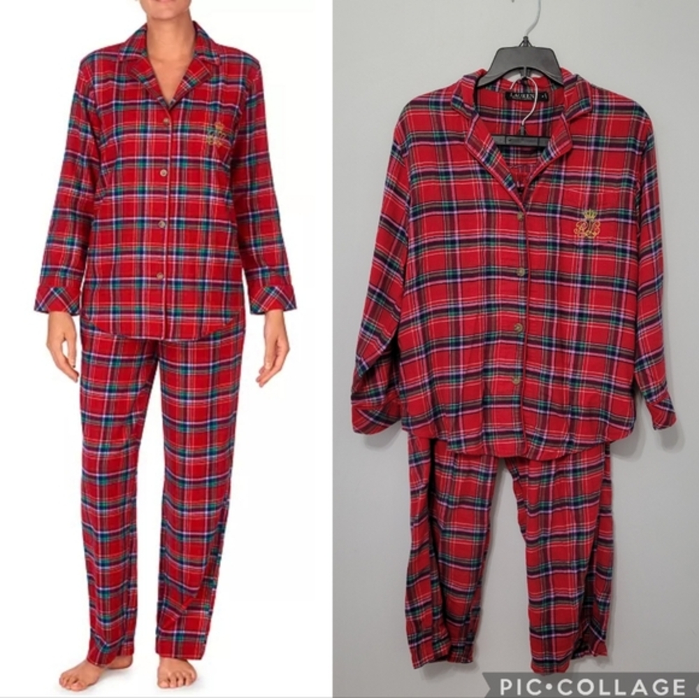 Lauren Ralph Lauren Black Label‎ Women's Brushed Twill Plaid Pajama Set, Size M